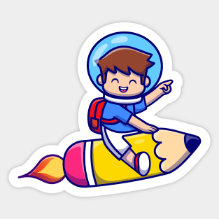 Cute Boy Flying With Pencil Rocket Sticker